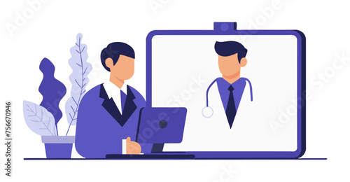 Online medical conference patient with doctor flat illustration in white background