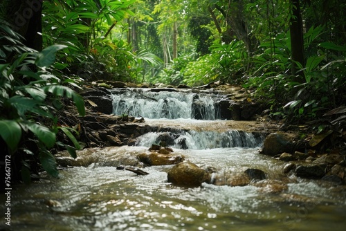 Cascading Stream In A Lush Rainforest