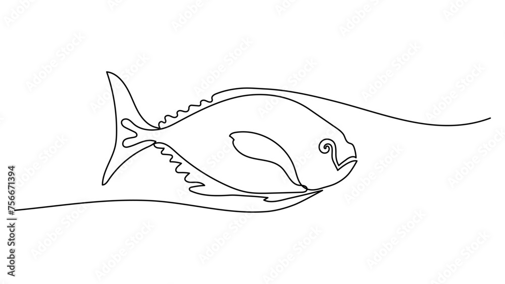 Fototapeta premium One line art of ocean Tuna for logo identity. Large lake Fish mascot concept for fishing tournament icon. Continuous line draw design vector graphic illustration. Editable stroke