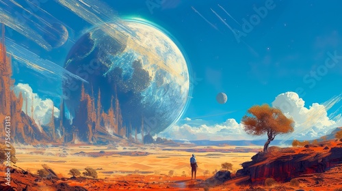 Fototapeta Naklejka Na Ścianę i Meble -  Fantastic Sci-fi landscape of a spaceship on a sunny day, flying over a desert with amazing arch-shaped rock formations.