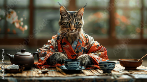 The artistic elegance of a cat dressed as a geisha, beauty of a Japanese culture