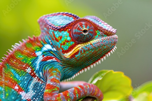 Close-Up Of A Colorful Chameleon Blending In