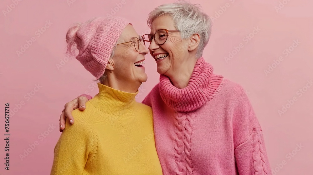 Two elderly homosexual women smiling at each other on a pink background - obrazy, fototapety, plakaty 