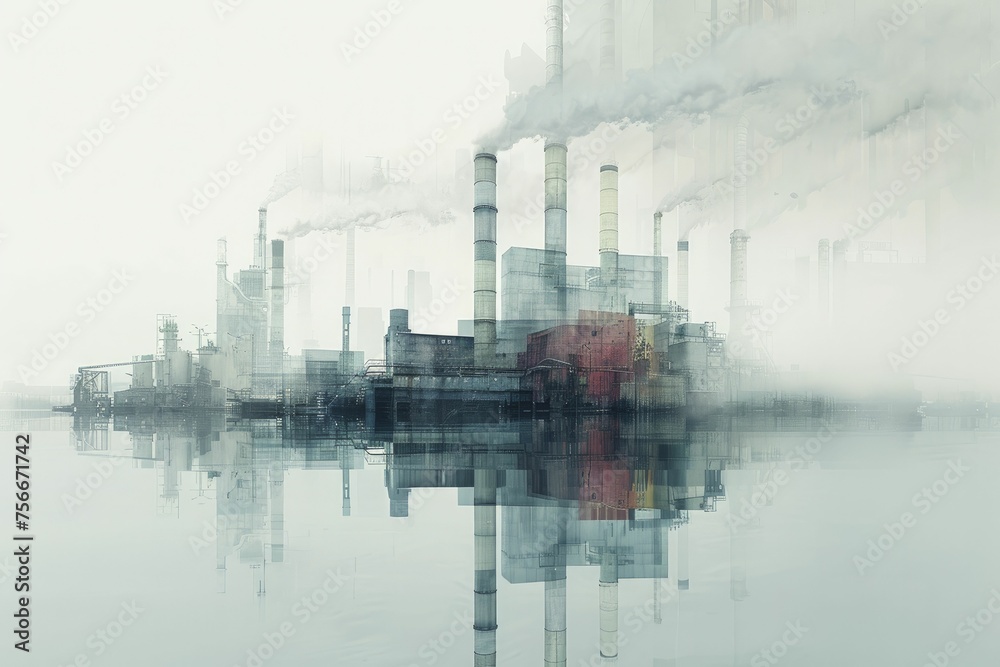 A visualization of industrial smokestacks overshadowing a marginalized community, highlighting the disparity in environmental burden, against a clear background.