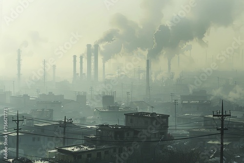 Visualizing industrial smokestacks looming over a marginalized community emphasizes environmental injustice against a clear backdrop.