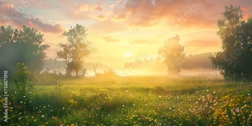 Beautiful summer landscape with trees and fog at sunrise in the morning mist on meadow. Beautiful nature background.