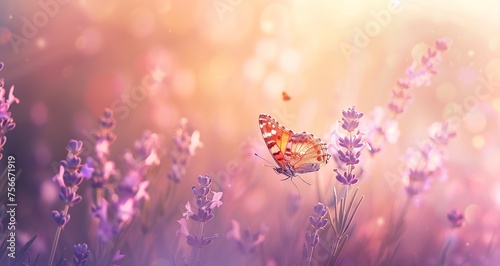 Beautiful lavender field with butterfly at sunset. Beautiful nature background. in the style of copy space, bokeh background