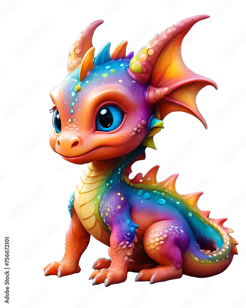 A cute baby dragon in rainbow colors on transparent background