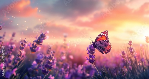 Beautiful lavender field with butterfly at sunset. Beautiful nature background. in the style of copy space, bokeh background © artfisss