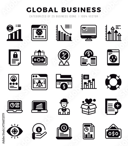 Set of Global Business Icons. Simple Lineal Filled art style icons pack.