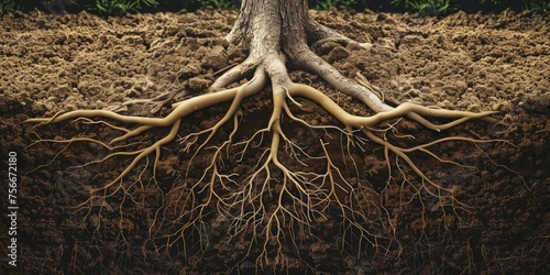 An abstract design of intertwined roots growing into a strong tree, each root labeled with values such as equality and freedom, on a clear soil background.