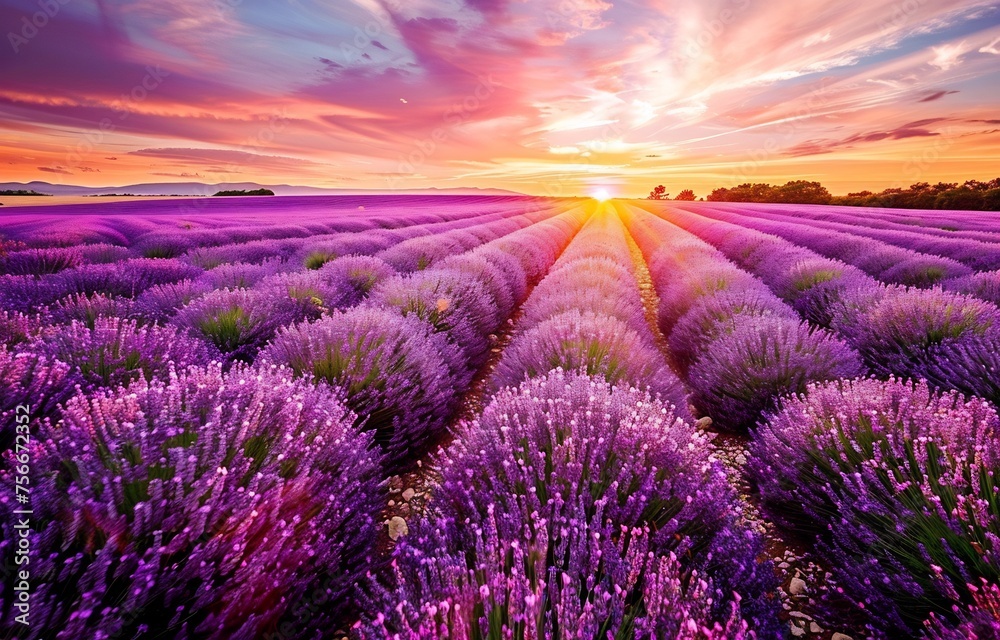 Beautiful lavender field at sunset with a colorful sky, in the United Kingdom, purple flowers in rows, summer landscape.