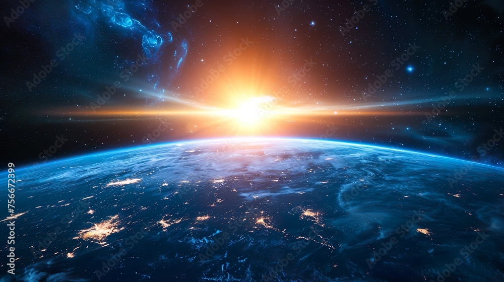 Fototapeta premium Sunrise over the planet Earth concept with a bright sun and flare and city lights panoramic