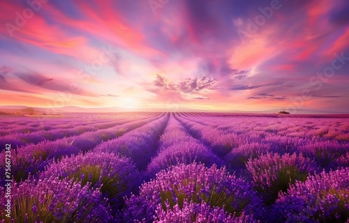 Beautiful lavender field at sunset with a colorful sky, in the United Kingdom, purple flowers in rows, summer landscape. © artfisss