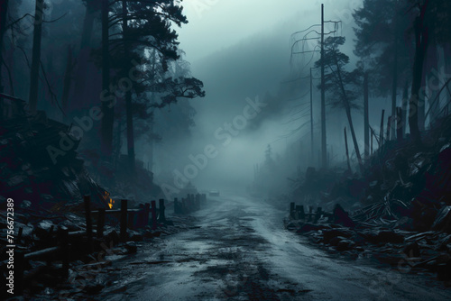 The beautiful road stretching through a dense fog-covered valley, with trees emerging from the mist, creating a magical and mysterious ambiance.