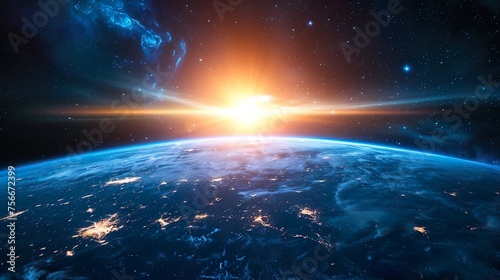 Sunrise over the planet Earth concept with a bright sun and flare and city lights panoramic