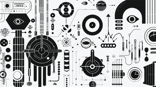 Intricate geometric shapes, animals, objects, and symbols interwoven in a monochromatic tapestry of visual complexity