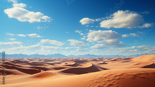 The vastness of a desert landscape  with sand dunes stretching to the horizon and a cloudless blue sky above.