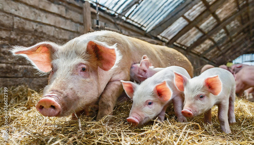 Piglets with a mother pig, laying on hay in a barn.