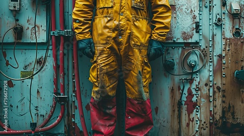 A man in a yellow coverall stands proudly in front of a door photo