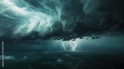 Dark cloudy sky before thunderstorm panoramic background. Storm heaven panorama. Wide gloomy backdrop