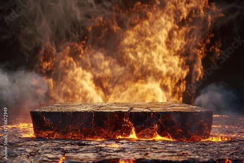 An awe-inspiring 3D scene unfolds, presenting a volcanic lava podium set against a dramatic backdrop of molten magma and billowing smoke