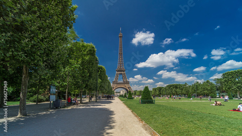 Eiffel Tower on Champs de Mars in Paris timelapse hyperlapse, France