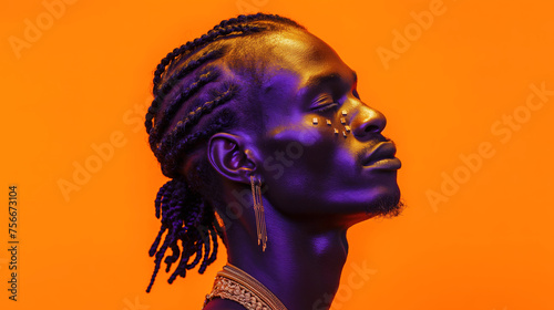 A black man with braids, metallic makeup and earrings in profile on an orange background. Minimalism composition with  purple lighting, fashion photography