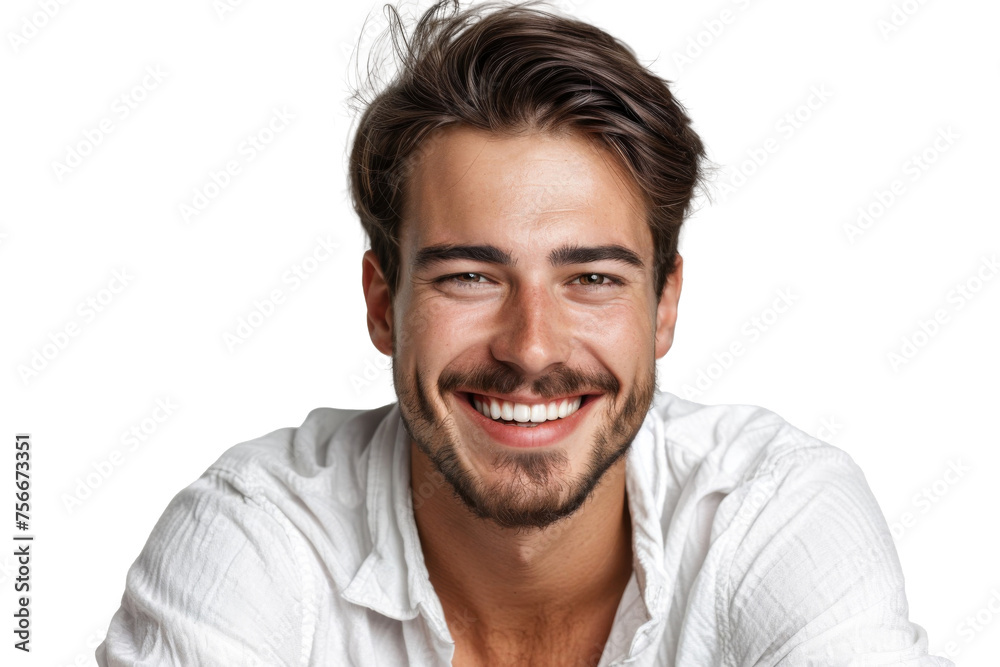 Studio portrait of a handsome young white Americana man with a beautiful smile wearing casual outfits looking at camera, isolated on transparent png background.