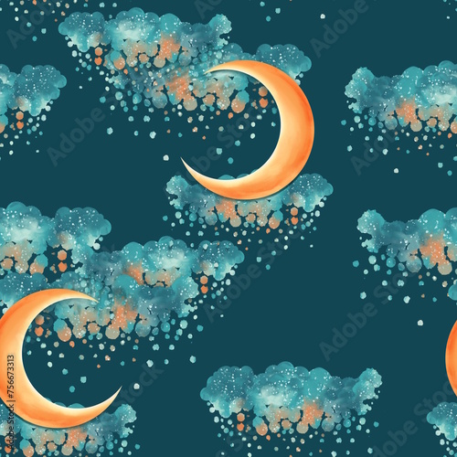 Half moon and clouds seamless pattern. Cute background.