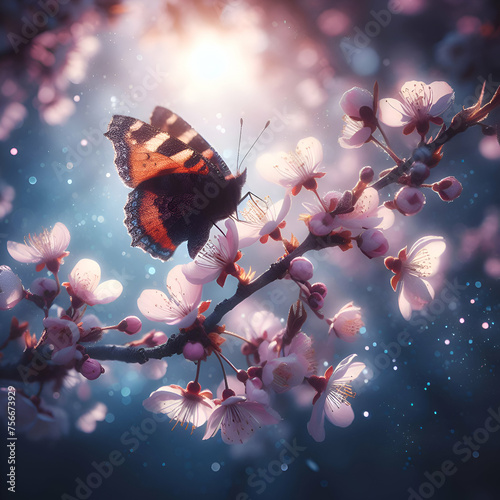 A Butterfly Landing on a Blooming Cherry Branch with Bokeh © filicci