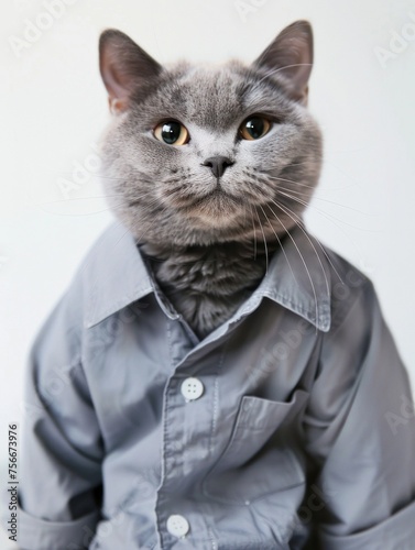 A cat dressed in a button-up shirt poses with a human-like demeanor © StasySin