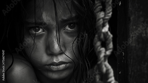Kinderarmut durch Portrait von Kind im Krieg mit traurigem leerem Gesichtsausdruck Migration Generative AI photo