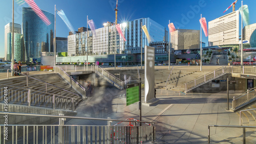 Panorama of La Defence timelapse hyperlapse, business and financial district with highrise skyscrapers buildings