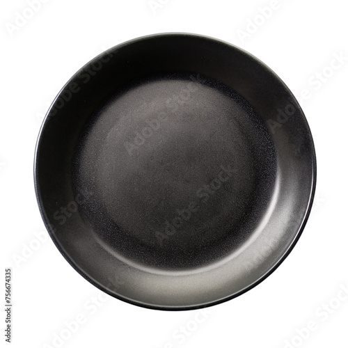 Black plate isolated on a transparent background. Top view.