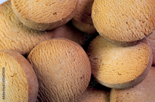 Close up of a pile of round cookies in a box Shallow depth of field