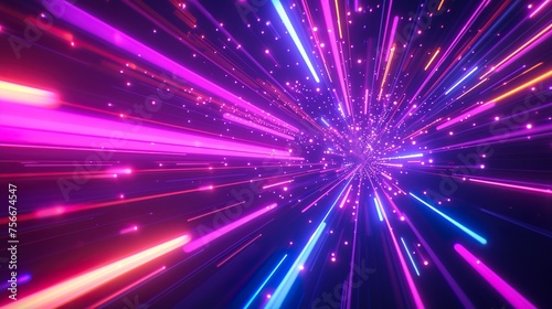 3d render. Geometric figure in neon light against a dark tunnel. Laser glow.
