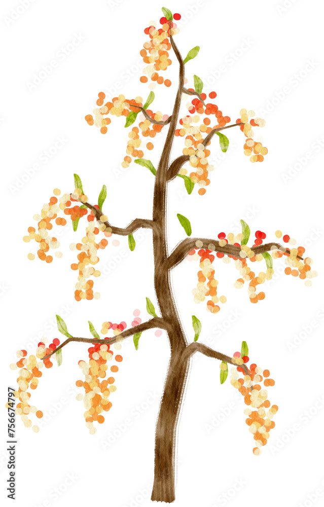 Autumn Tree with Yellow flowers watercolor illustration for Decorative Element