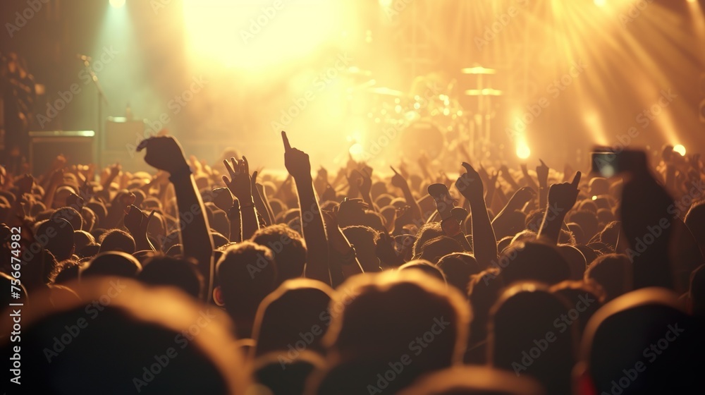 A crowded concert hall with scene stage lights , rock show performance, with people silhouette, on dance floor air during a concert festival