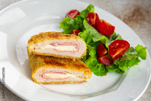 cutlet cordon bleu chicken meat, ham slice, cheese fresh food tasty eating cooking appetizer meal food snack on the table copy space food background photo