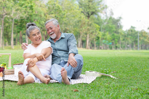 senior couple having a picnic, embracing and looking each other in the park