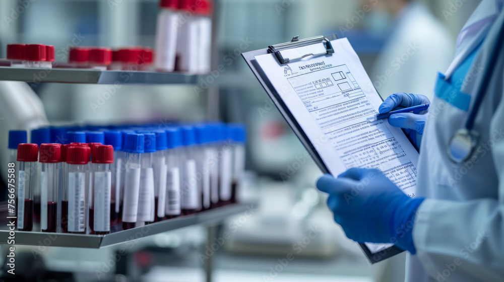 Close-up view of a healthcare professional's hands wearing blue gloves, writing on a medical report, with test tubes filled with blood samples in the background