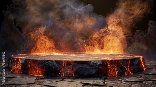 A spectacular 3D stage setup materializes, featuring a volcanic lava podium situated amidst a landscape of fiery flames and billowing smoke.