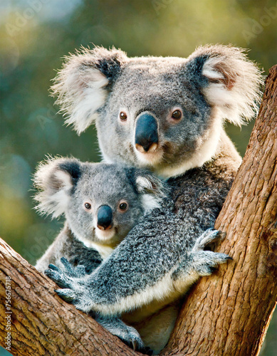 Koala (Phascolarctos cinereus) in a tree with her baby. photo