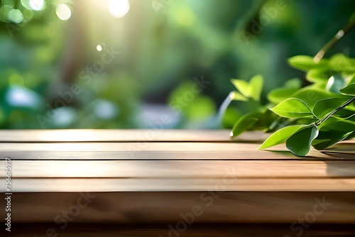 Empty wooden deck table over blurred tree with bokeh background  for product display montage. Generative Ai. 18