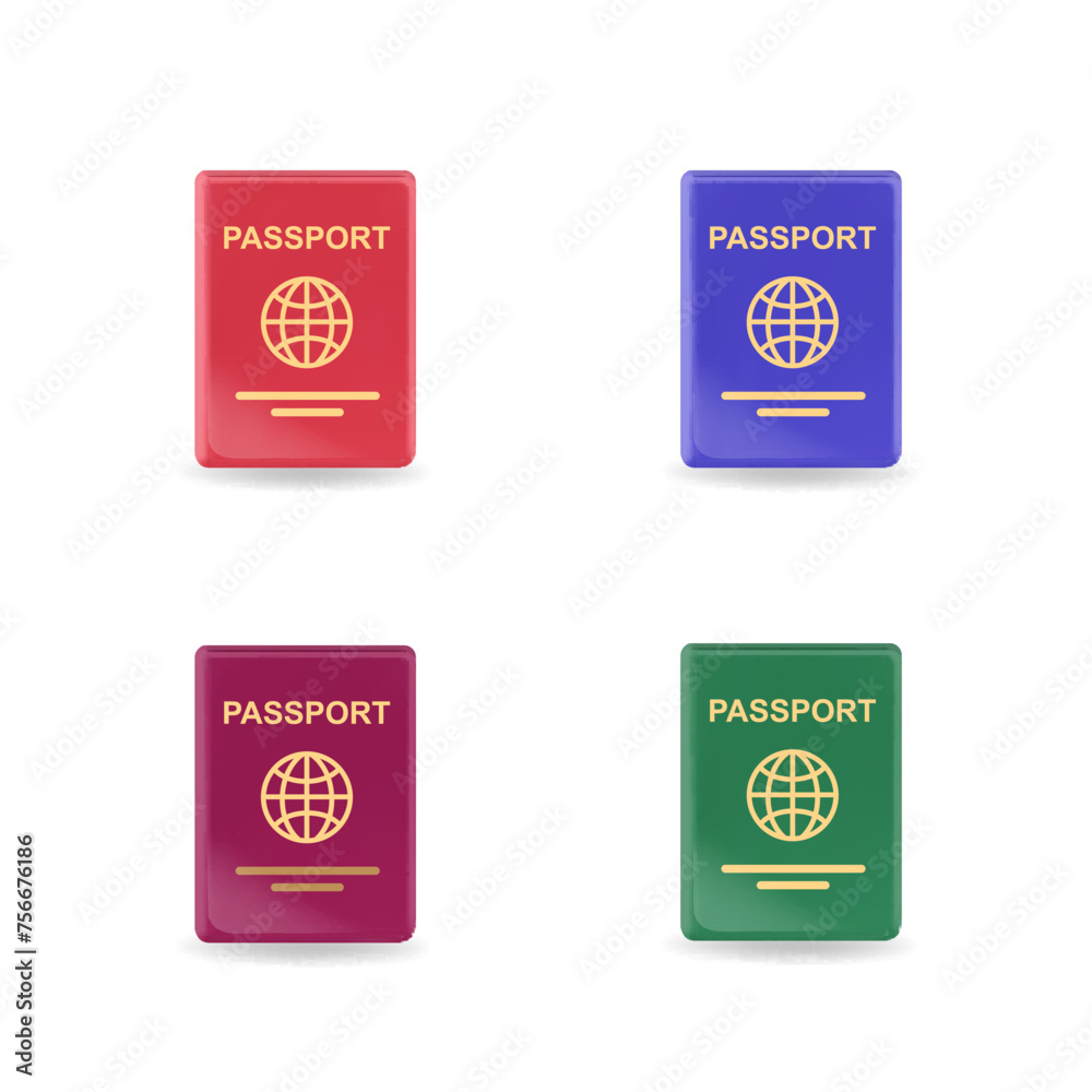 Passport with Blue, red, green cover icon. Vector international passport with globe