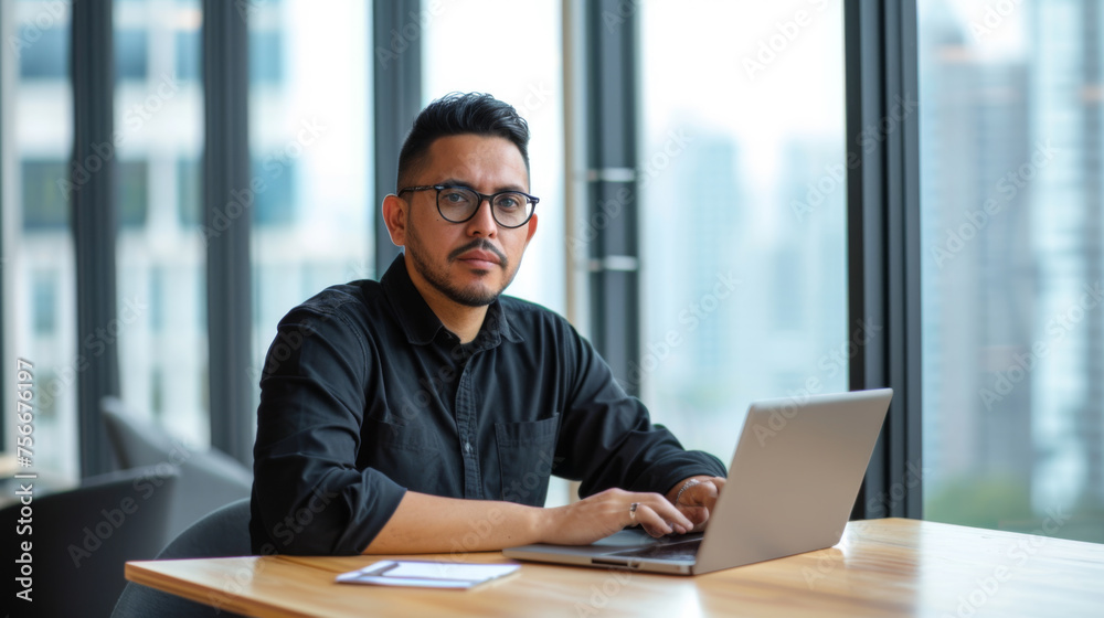 Confident individual seated at a table with a laptop in an office with a city view. Confident individual seated at a table with a laptop in an office with a city view.