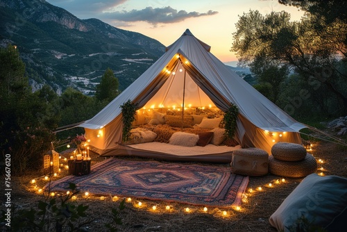 Luxury glamping camping tent with cozy accessories, light garlands and beautiful landscape at sunset. Glamping by night poster. Colorful lights and garlands. photo