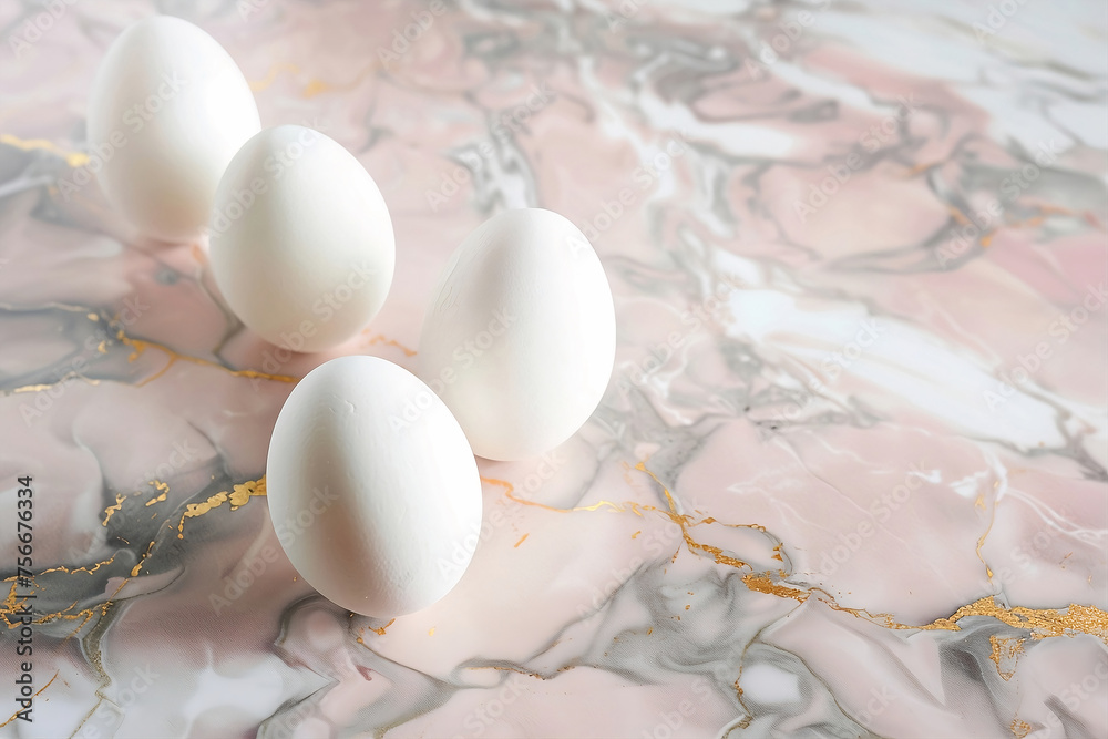 White eggs on a marble rose and gold background. White eggs on a marble rose and gold background.