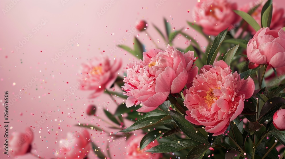 Bouquet of pink peonies with lush green leaves on pink background. Copy space for text, top view Bouquet of pink peonies with lush green leaves on pink background. Copy space for text, top view